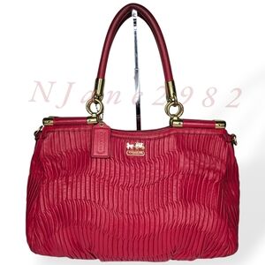 Coach Madison Large Pleated Gathered Red Pink Leather Shoulder Bag Satchel 21281